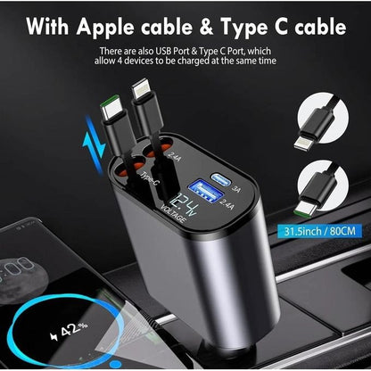 Chargeur Voiture 4-en-1 Rétractable – Rechargez 4 Appareils en Même Temps