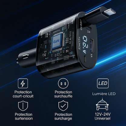 Chargeur Voiture 4-en-1 Rétractable – Rechargez 4 Appareils en Même Temps